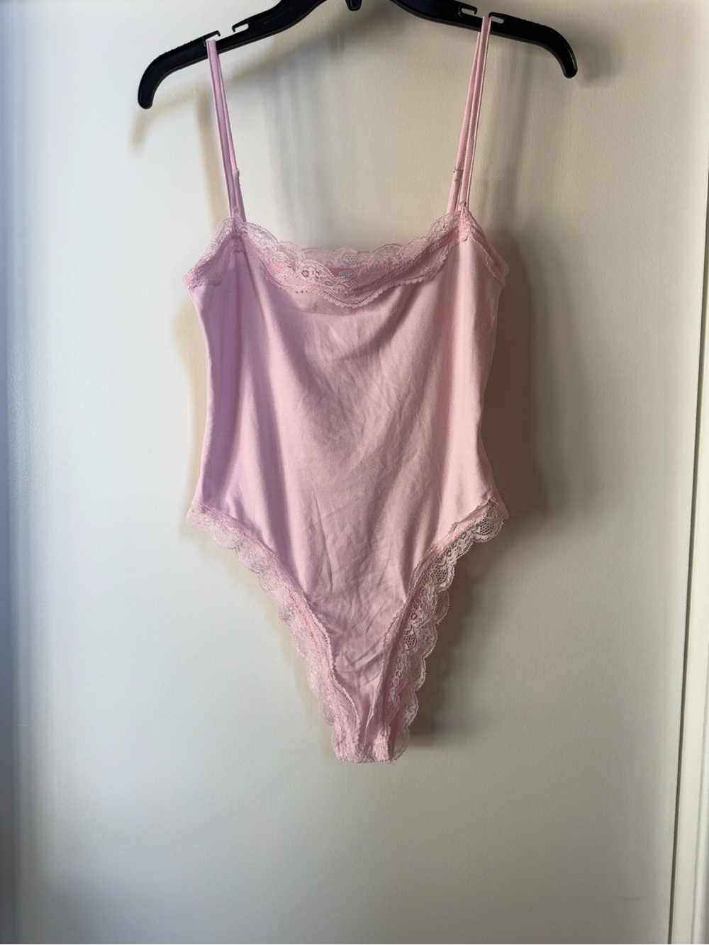 Pink Lace Trim Cami Bodysuit Adjustable Straps Size M